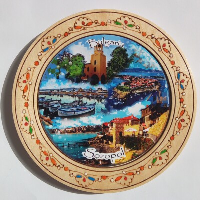 Дървена чиния сувенир с пирография СОЗОПОЛ