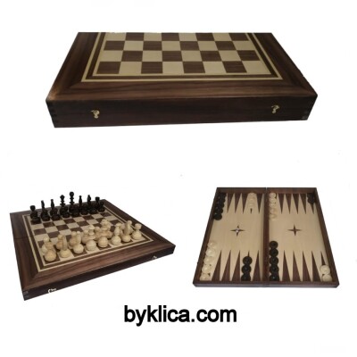 Комплект Шах и Табла с естествен фурнир от бук и орех